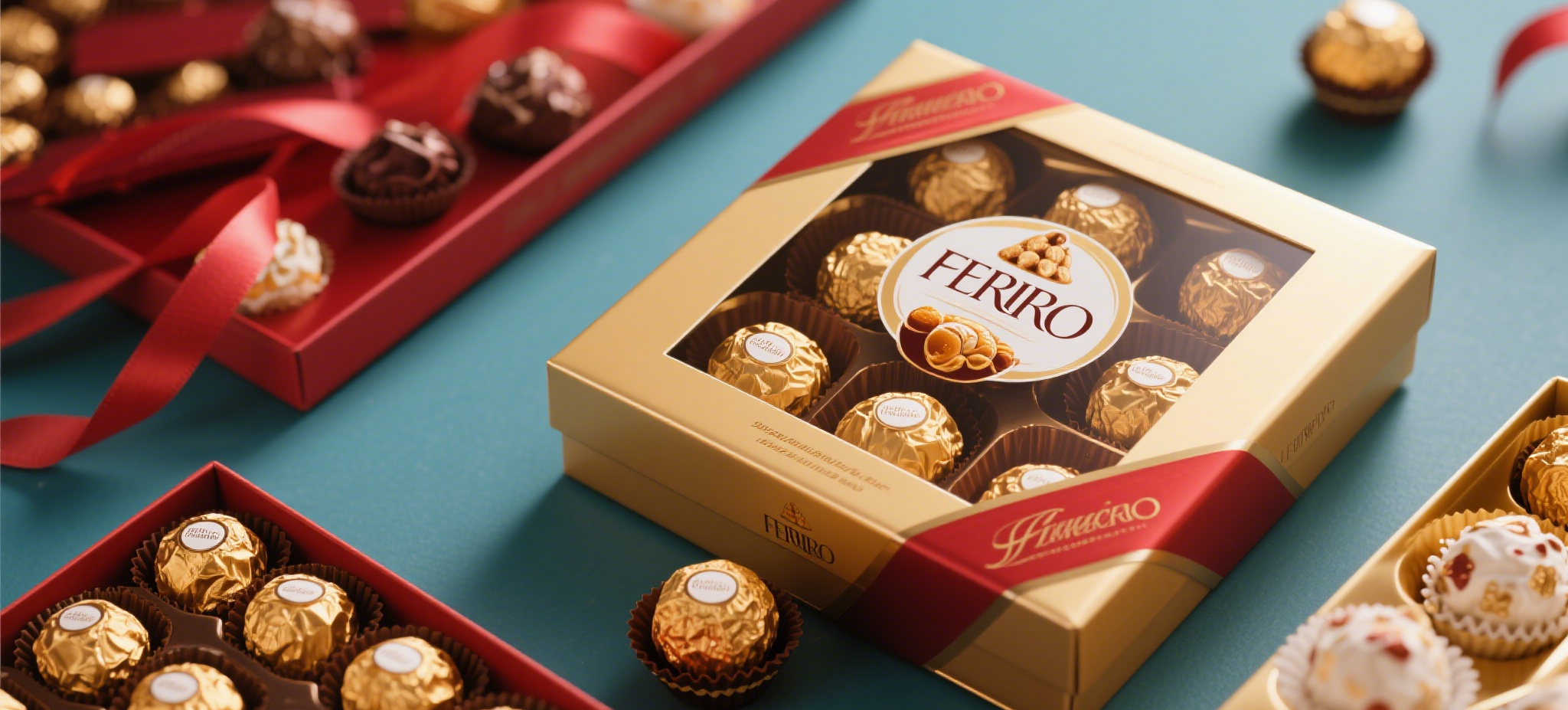 Ferrero Rocher premium chocolate gift box interior structure with protective tray and ribbon decoration.png